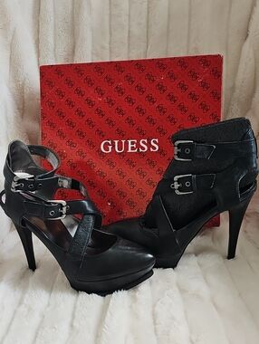 GUESS Black Strappy Buckle Platform High Heels